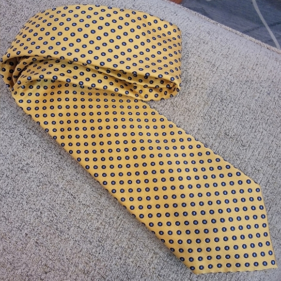 #Chaps Ralph #Lauren #Silk Neck #Tie Golden Yellow Background, Blue Dots - Picture 7 of 7